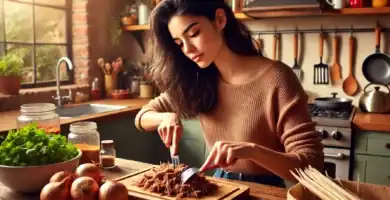 Una joven cocinando carne mechada en una cocina hogareña.