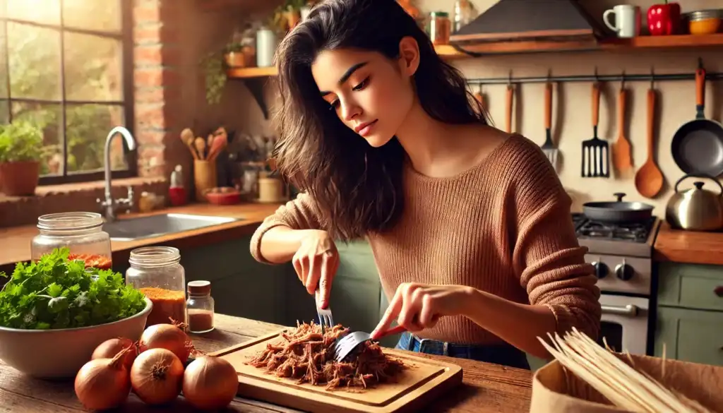 Una joven cocinando carne mechada en una cocina hogareña.