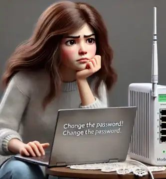 DALL·E 2024 06 24 11.00.13 A realistic image of a Latina girl with brown hair looking confused while sitting next to a modem. She is holding her laptop and appears to be thinkin