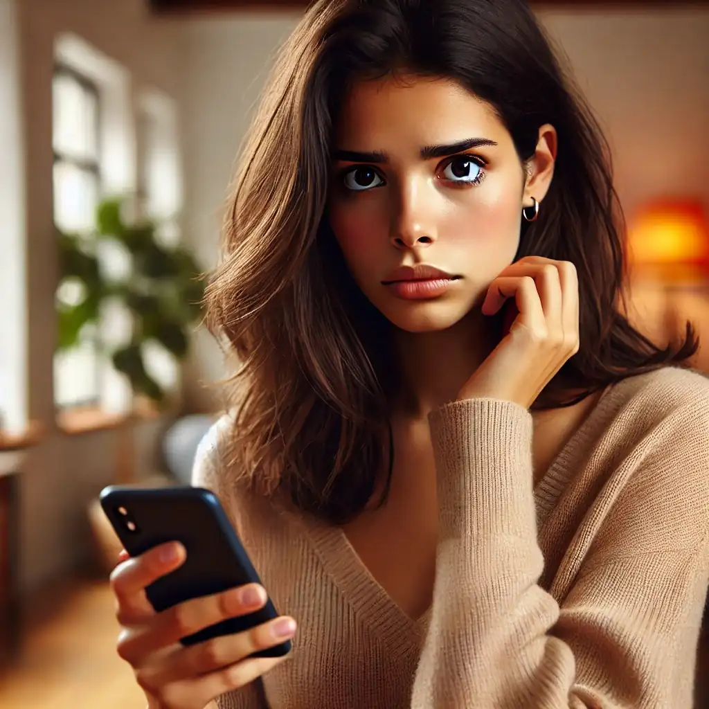 DALL·E 2024 06 23 12.50.27 A beautiful Latina young woman with medium skin and dark brown hair looking very worried as she receives a call. She is holding her smartphone and loo