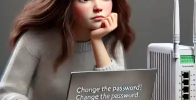 DALL·E 2024 06 24 11.00.13 A realistic image of a Latina girl with brown hair looking confused while sitting next to a modem. She is holding her laptop and appears to be thinkin