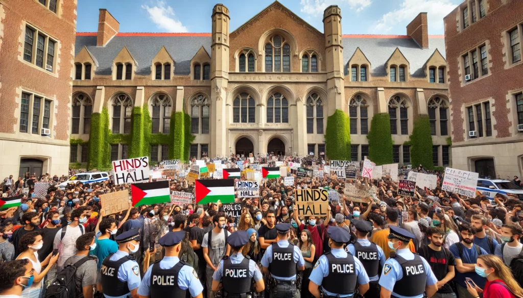 DALL·E 2024 06 23 14.07.37 A large group of university students protesting outside an academic building holding signs and banners with pro Palestinian messages. The building ha