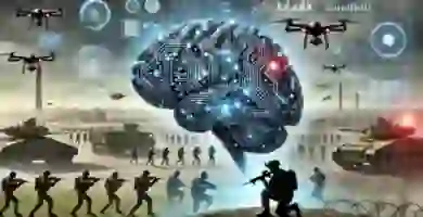 DALL·E 2024 06 23 15.02.04 A digital brain directing a war. The scene shows a large futuristic brain made of circuits and digital elements overseeing a battlefield filled with