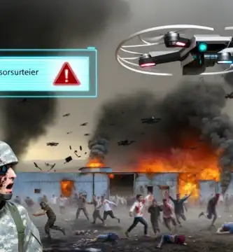 DALL·E 2024 06 23 13.04.47 A dramatic and cautionary scene depicting the dangers of AI choosing targets in war. The image shows a futuristic battlefield with drones and robots i