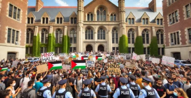 DALL·E 2024 06 23 14.07.37 A large group of university students protesting outside an academic building holding signs and banners with pro Palestinian messages. The building ha