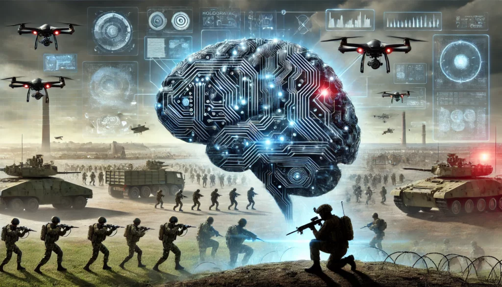 DALL·E 2024 06 23 15.02.04 A digital brain directing a war. The scene shows a large futuristic brain made of circuits and digital elements overseeing a battlefield filled with