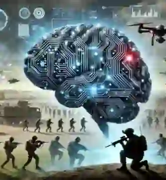 DALL·E 2024 06 23 15.02.04 A digital brain directing a war. The scene shows a large futuristic brain made of circuits and digital elements overseeing a battlefield filled with