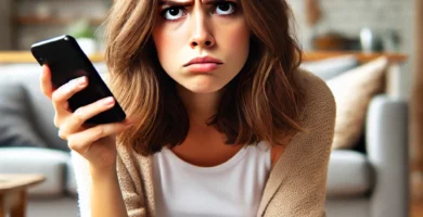 DALL·E 2024 06 23 12.29.04 A young woman looking annoyed as she receives a spam call. She is holding a smartphone with an exasperated expression her eyebrows furrowed and mouth