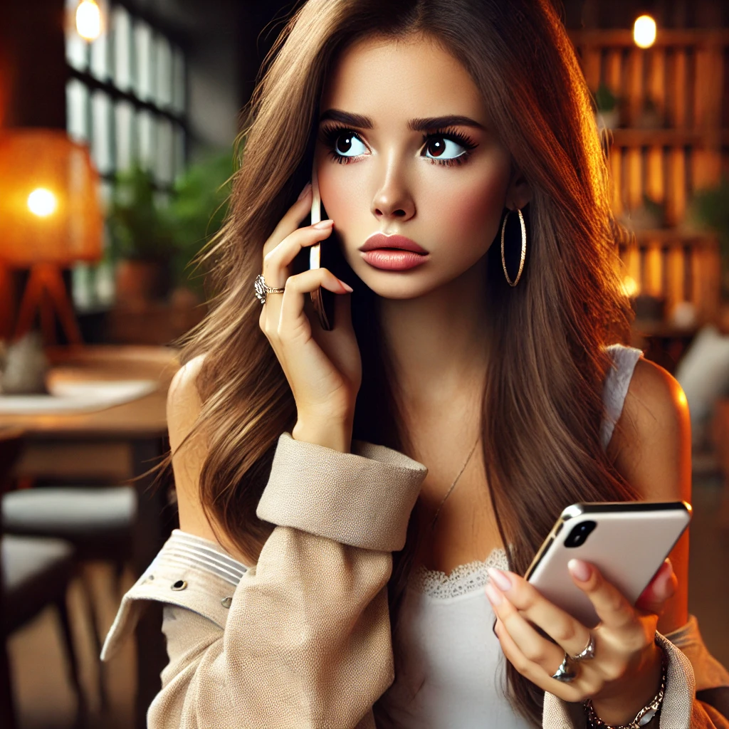 DALL·E 2024 06 23 12.31.32 A beautiful young woman looking worried as she receives a call. She has long flowing hair and is wearing stylish casual clothing. She is holding her