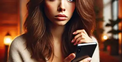 DALL·E 2024 06 23 12.35.23 A beautiful young woman with medium skin and brown hair looking very worried as she receives a call. She is holding her smartphone and looking at it w