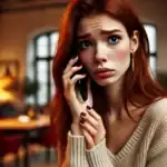 DALL·E 2024 06 23 12.35.31 A beautiful young woman with brown skin and red hair looking concerned as she receives a call. She is holding her smartphone and looking at it with a