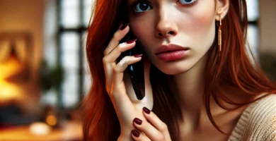 DALL·E 2024 06 23 12.35.31 A beautiful young woman with brown skin and red hair looking concerned as she receives a call. She is holding her smartphone and looking at it with a