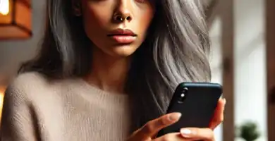 DALL·E 2024 06 23 12.35.35 A beautiful young woman with dark skin and grey hair looking nervous as she receives a call. She is holding her smartphone and looking at it with a co