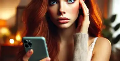 DALL·E 2024 06 23 12.35.45 A beautiful young woman with olive skin and red hair looking anxious as she receives a call. She is holding her smartphone and looking at it with a co