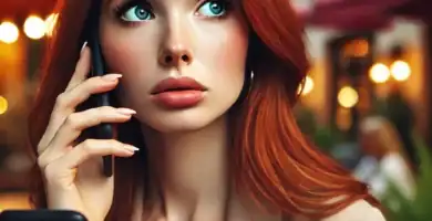 DALL·E 2024 06 23 12.35.52 A beautiful young woman with fair skin and red hair looking slightly worried as she receives a call. She is holding her smartphone and looking at it w