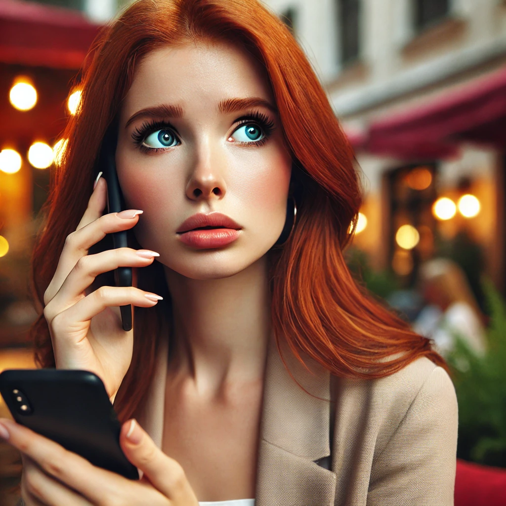 DALL·E 2024 06 23 12.35.52 A beautiful young woman with fair skin and red hair looking slightly worried as she receives a call. She is holding her smartphone and looking at it w