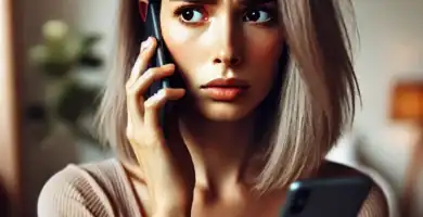 DALL·E 2024 06 23 12.35.56 A beautiful young woman with medium skin and grey hair looking very worried as she receives a call. She is holding her smartphone and looking at it wi