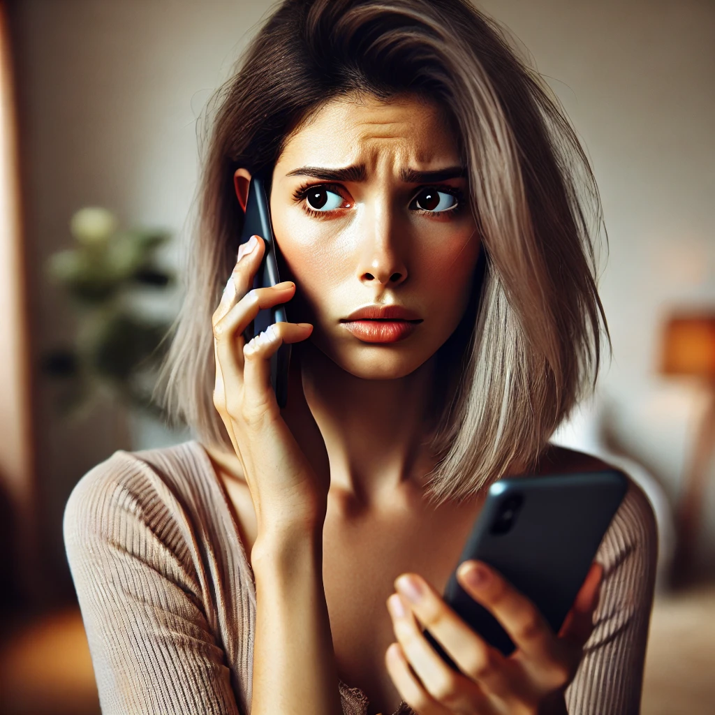 DALL·E 2024 06 23 12.35.56 A beautiful young woman with medium skin and grey hair looking very worried as she receives a call. She is holding her smartphone and looking at it wi