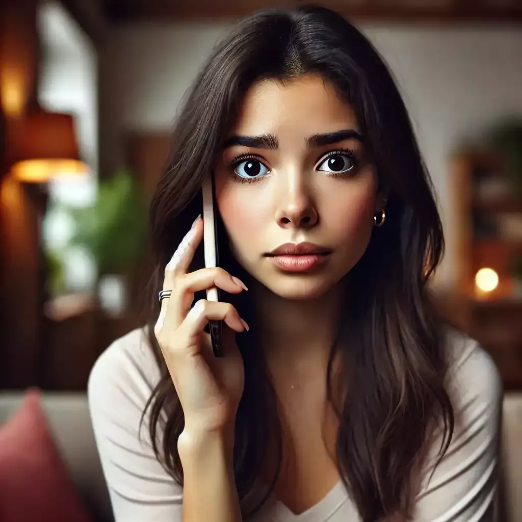 DALL·E 2024 06 23 12.49.24 A beautiful Latina young woman with fair skin and dark brown hair looking slightly worried as she receives a call. She is holding her smartphone and l