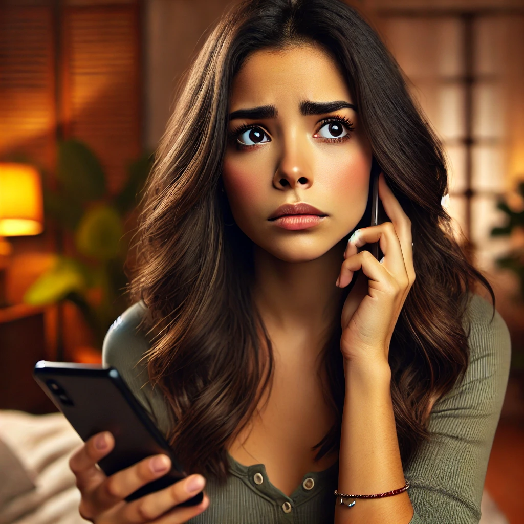 DALL·E 2024 06 23 12.49.44 A beautiful Latina young woman with olive skin and dark brown hair looking anxious as she receives a call. She is holding her smartphone and looking a