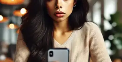 DALL·E 2024 06 23 12.49.49 A beautiful Latina young woman with dark skin and black hair looking nervous as she receives a call. She is holding her smartphone and looking at it w