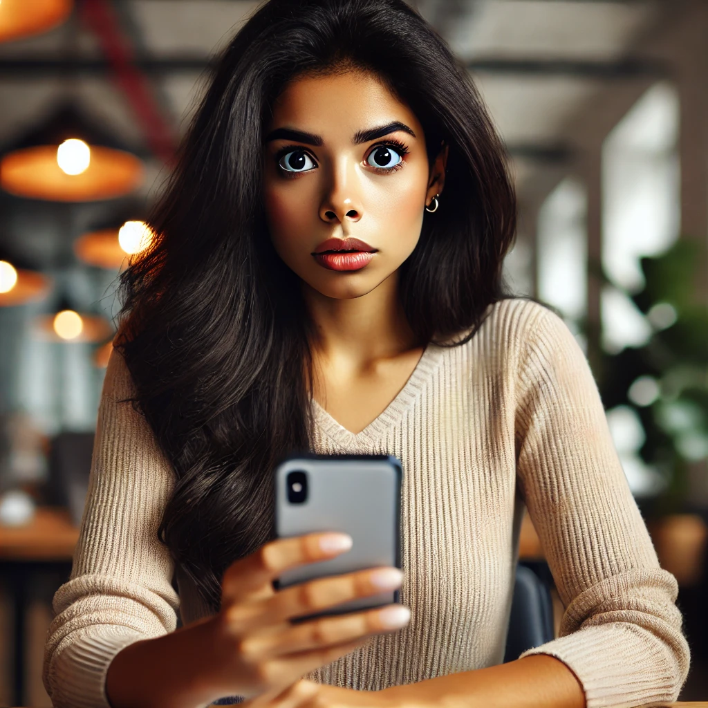 DALL·E 2024 06 23 12.49.49 A beautiful Latina young woman with dark skin and black hair looking nervous as she receives a call. She is holding her smartphone and looking at it w