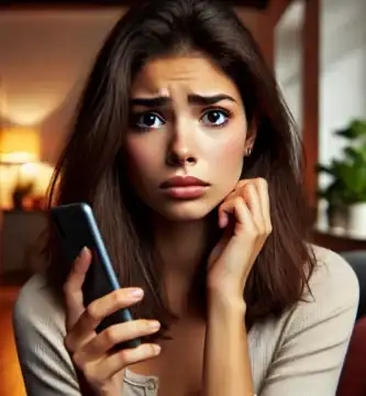 DALL·E 2024 06 23 12.49.58 A beautiful Latina young woman with medium skin and dark brown hair looking anxious as she receives a call. She is holding her smartphone and looking