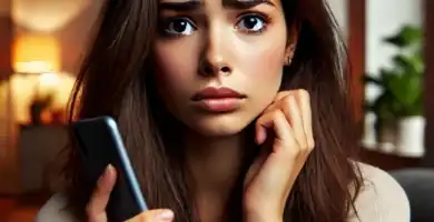 DALL·E 2024 06 23 12.49.58 A beautiful Latina young woman with medium skin and dark brown hair looking anxious as she receives a call. She is holding her smartphone and looking