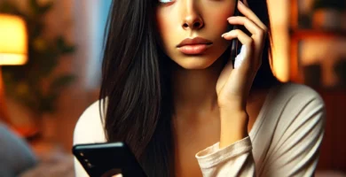 DALL·E 2024 06 23 12.50.01 A beautiful Latina young woman with olive skin and black hair looking nervous as she receives a call. She is holding her smartphone and looking at it