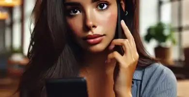 DALL·E 2024 06 23 12.50.04 A beautiful Latina young woman with dark skin and dark brown hair looking slightly worried as she receives a call. She is holding her smartphone and l