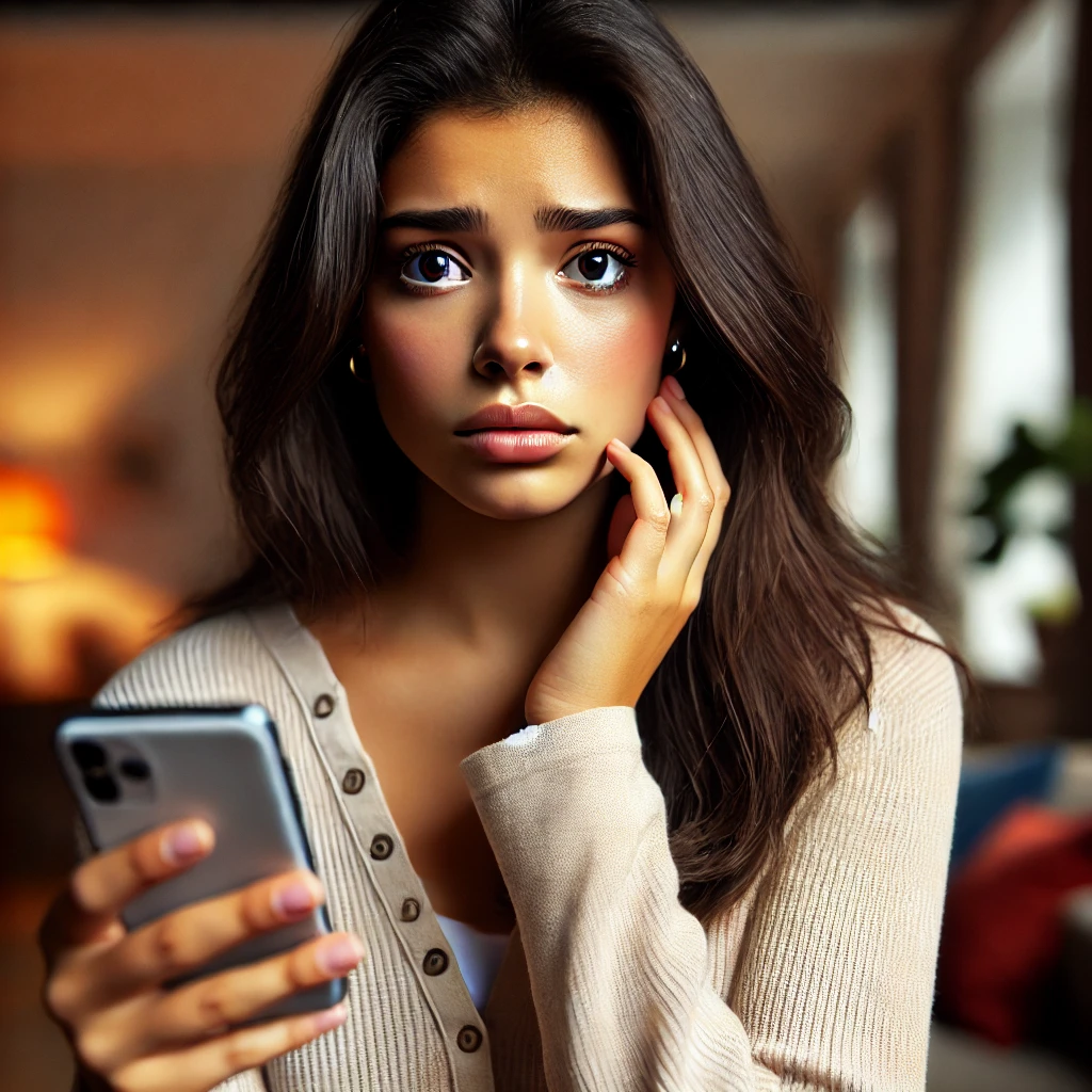 DALL·E 2024 06 23 12.50.17 A beautiful Latina young woman with olive skin and dark brown hair looking very worried as she receives a call. She is holding her smartphone and look