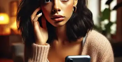 DALL·E 2024 06 23 12.50.20 A beautiful Latina young woman with dark skin and black hair looking anxious as she receives a call. She is holding her smartphone and looking at it w