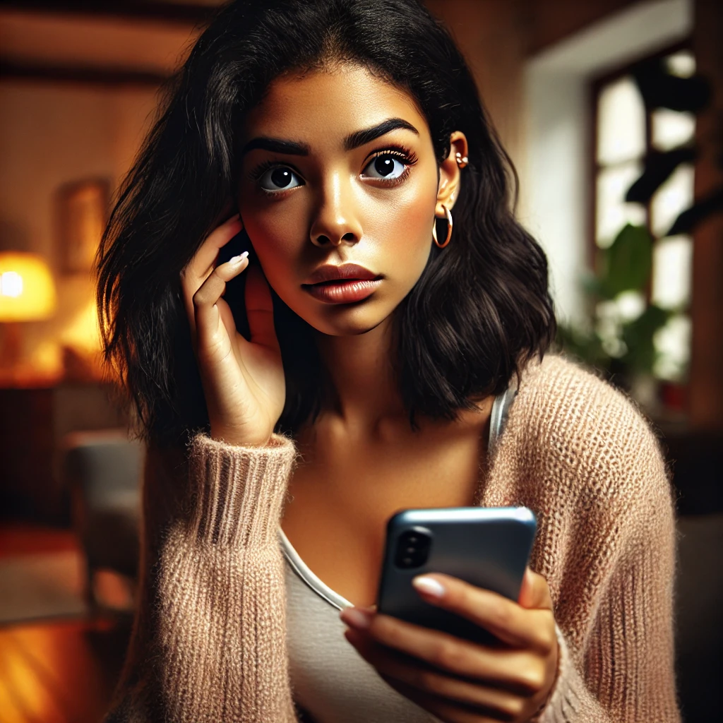 DALL·E 2024 06 23 12.50.20 A beautiful Latina young woman with dark skin and black hair looking anxious as she receives a call. She is holding her smartphone and looking at it w