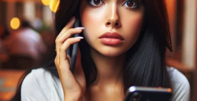 DALL·E 2024 06 23 12.50.24 A beautiful Latina young woman with fair skin and black hair looking concerned as she receives a call. She is holding her smartphone and looking at it