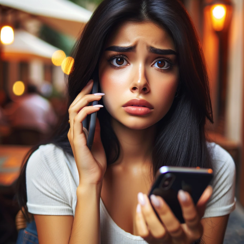 DALL·E 2024 06 23 12.50.24 A beautiful Latina young woman with fair skin and black hair looking concerned as she receives a call. She is holding her smartphone and looking at it