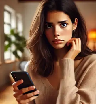 DALL·E 2024 06 23 12.50.27 A beautiful Latina young woman with medium skin and dark brown hair looking very worried as she receives a call. She is holding her smartphone and loo