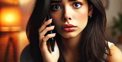 DALL·E 2024 06 23 12.50.31 A beautiful Latina young woman with olive skin and black hair looking anxious as she receives a call. She is holding her smartphone and looking at it