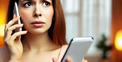 DALL·E 2024 06 23 13.17.26 A beautiful young woman with fair skin and brown hair looking worried as she receives a call. She is holding her smartphone and looking at it with a c