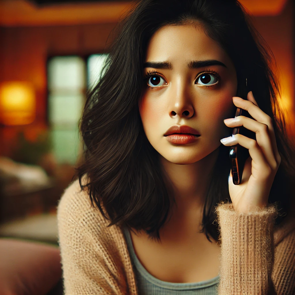 DALL·E 2024 06 23 13.17.34 A beautiful young woman with medium skin and black hair looking very worried as she receives a call. She is holding her smartphone and looking at it w 1