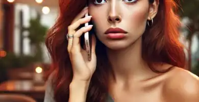 DALL·E 2024 06 23 13.17.38 A beautiful young woman with olive skin and red hair looking anxious as she receives a call. She is holding her smartphone and looking at it with a co 1