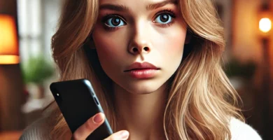 DALL·E 2024 06 23 13.21.01 A beautiful young woman with fair skin and blonde hair looking worried as she receives a call. She is holding her smartphone and looking at it with a