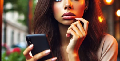 DALL·E 2024 06 23 13.21.17 A beautiful young woman with dark skin and brown hair looking nervous as she receives a call. She is holding her smartphone and looking at it with a c