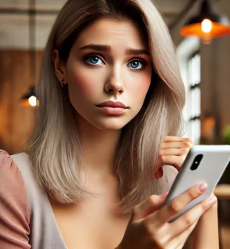 DALL·E 2024 06 23 13.21.20 A beautiful young woman with fair skin and grey hair looking slightly worried as she receives a call. She is holding her smartphone and looking at it