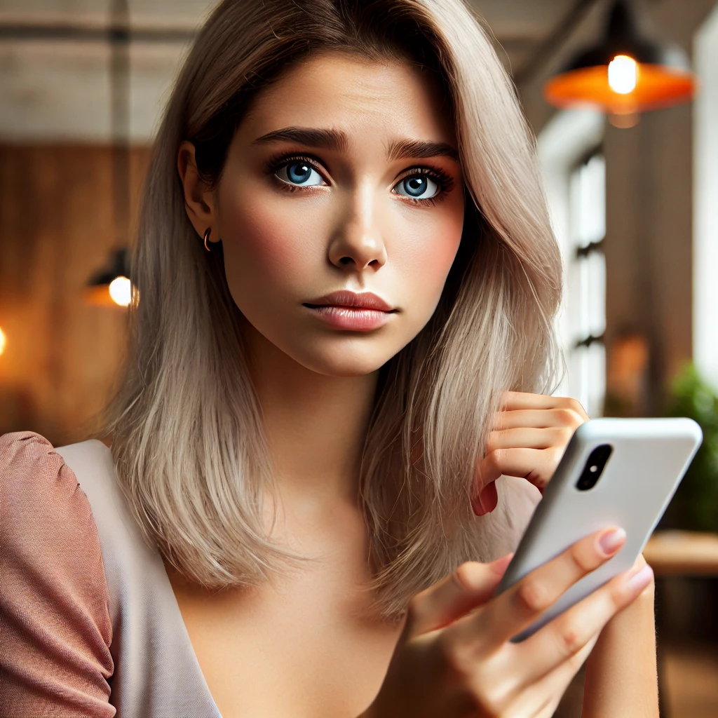 DALL·E 2024 06 23 13.21.20 A beautiful young woman with fair skin and grey hair looking slightly worried as she receives a call. She is holding her smartphone and looking at it