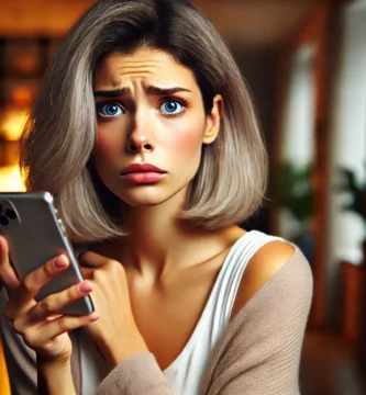 DALL·E 2024 06 23 13.21.27 A beautiful young woman with medium skin and grey hair looking very worried as she receives a call. She is holding her smartphone and looking at it wi