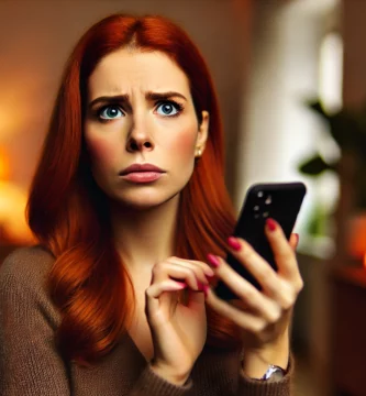 DALL·E 2024 06 23 13.21.30 A beautiful young woman with olive skin and red hair looking anxious as she receives a call. She is holding her smartphone and looking at it with a co