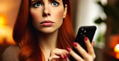 DALL·E 2024 06 23 13.21.30 A beautiful young woman with olive skin and red hair looking anxious as she receives a call. She is holding her smartphone and looking at it with a co