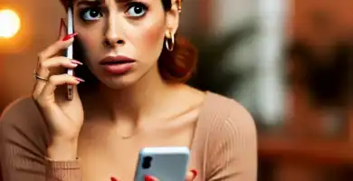 DALL·E 2024 06 23 13.21.32 A beautiful young woman with olive skin and red hair looking anxious as she receives a call. She is holding her smartphone and looking at it with a co