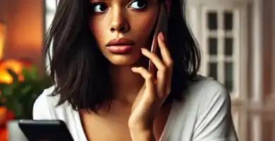 DALL·E 2024 06 23 13.21.36 A beautiful young woman with dark skin and black hair looking nervous as she receives a call. She is holding her smartphone and looking at it with a c