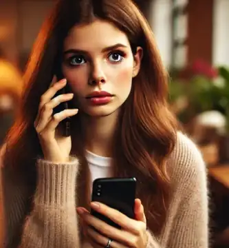 DALL·E 2024 06 23 13.31.34 A beautiful young woman with fair skin and brown hair looking worried as she receives a call. She is holding her smartphone and looking at it with a c